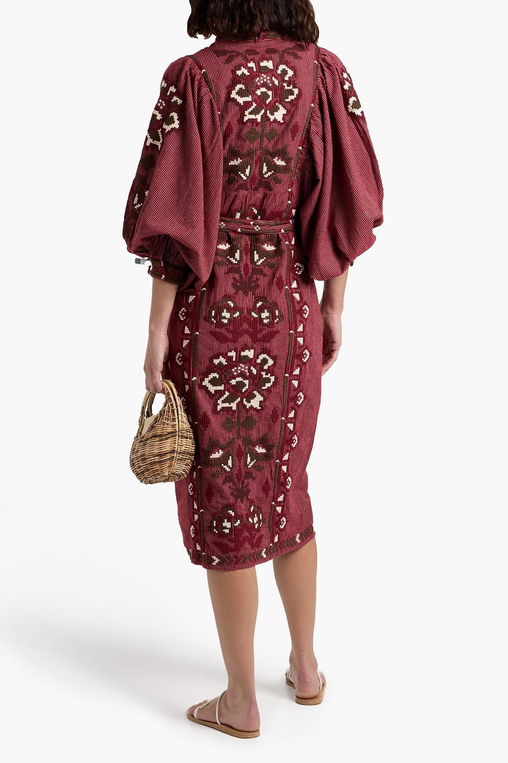 FARM RIO Embroidered striped cotton and linen-blend midi dress