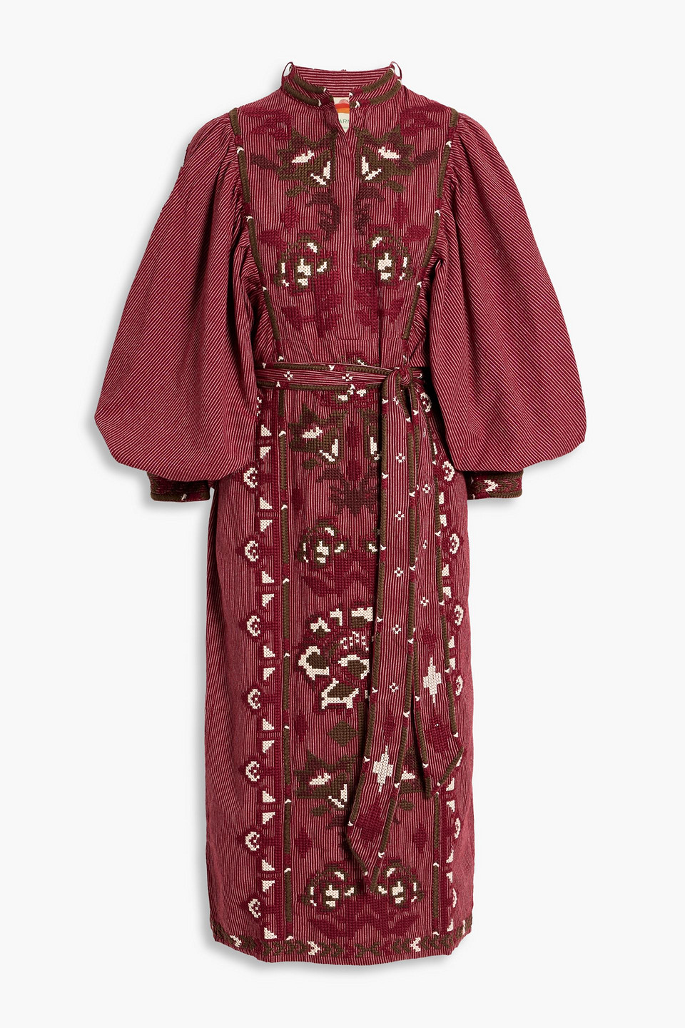 Farm Rio Embroidered Striped Cotton And Linen-blend Midi Dress In Burgundy