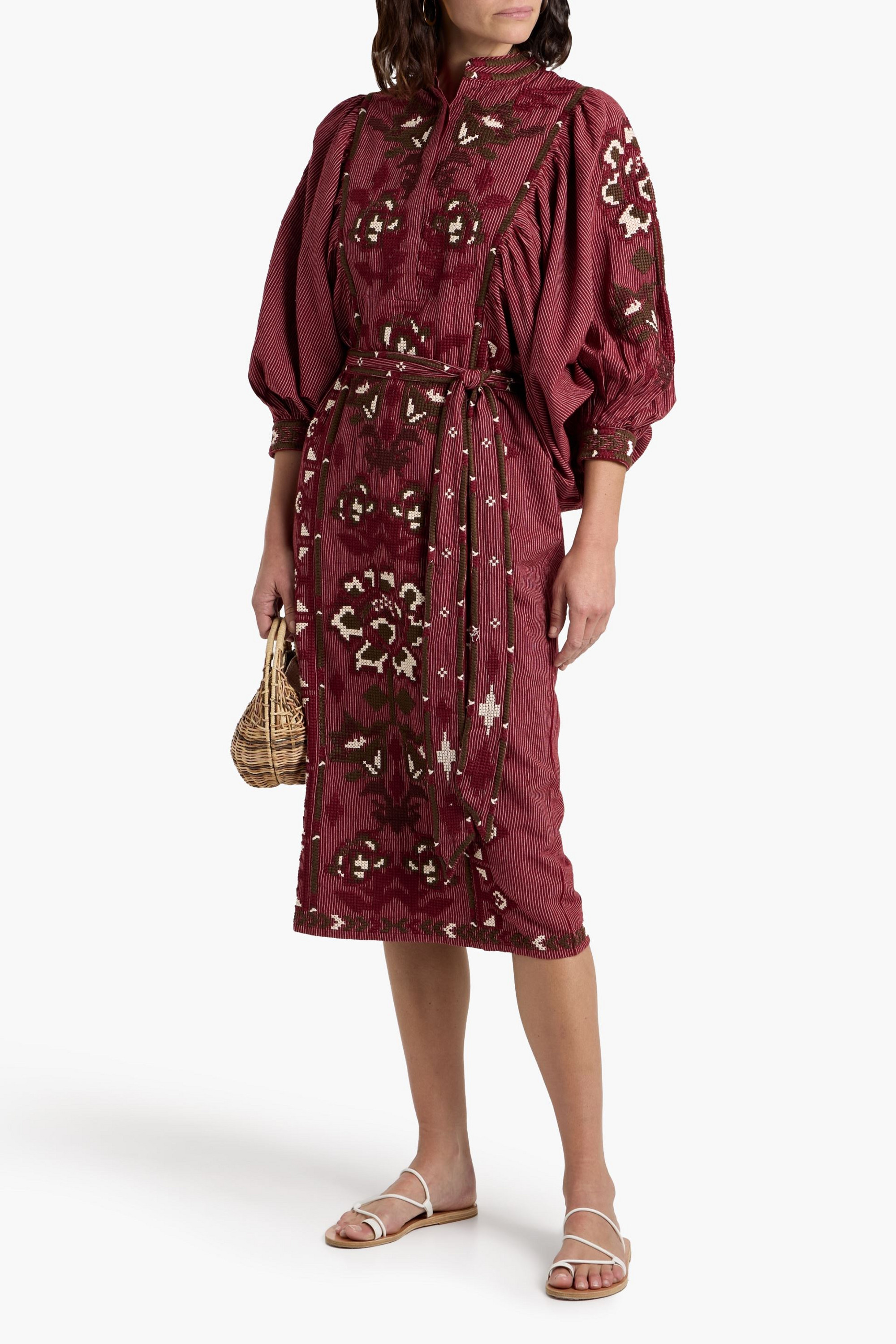 FARM Rio Embroidered striped cotton and linen-blend midi dress