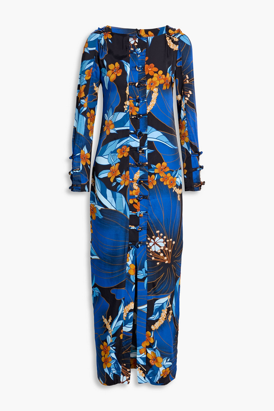 farm rio - knotted floral-print satin maxi dress - blue - xs