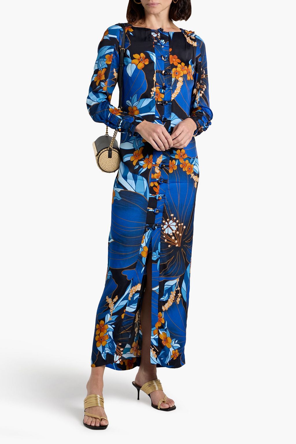 FARM RIO Knotted floral-print satin maxi dress
