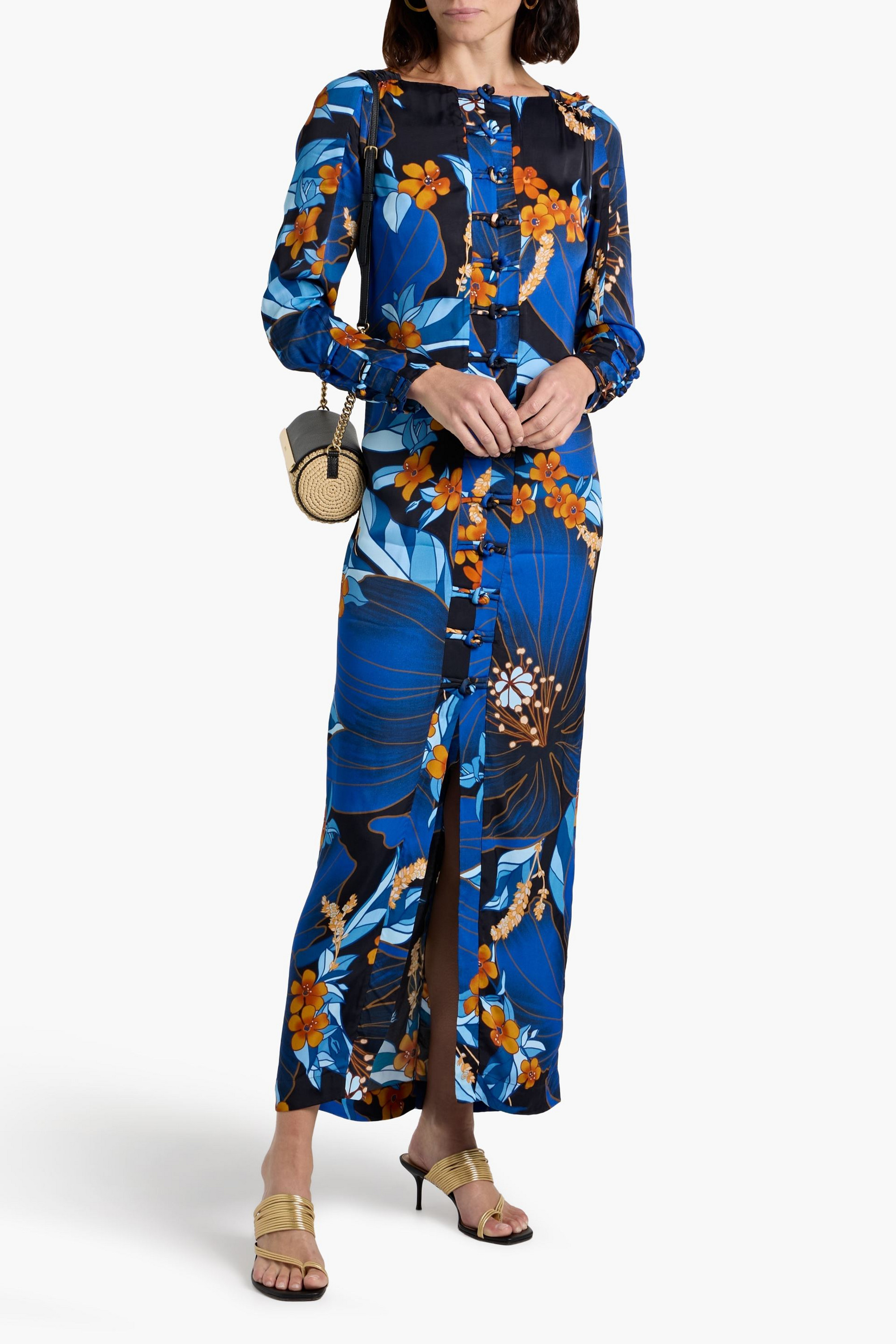 FARM Rio Knotted floral-print satin maxi dress