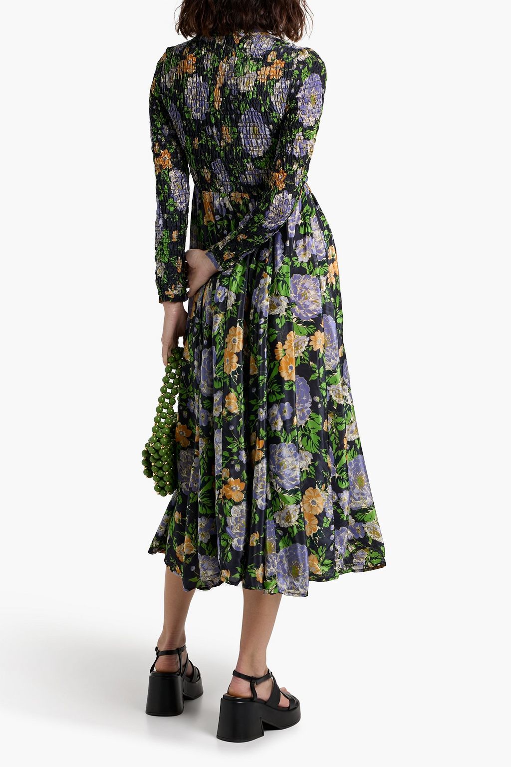 FARM RIO Shirred floral-print satin midi dress