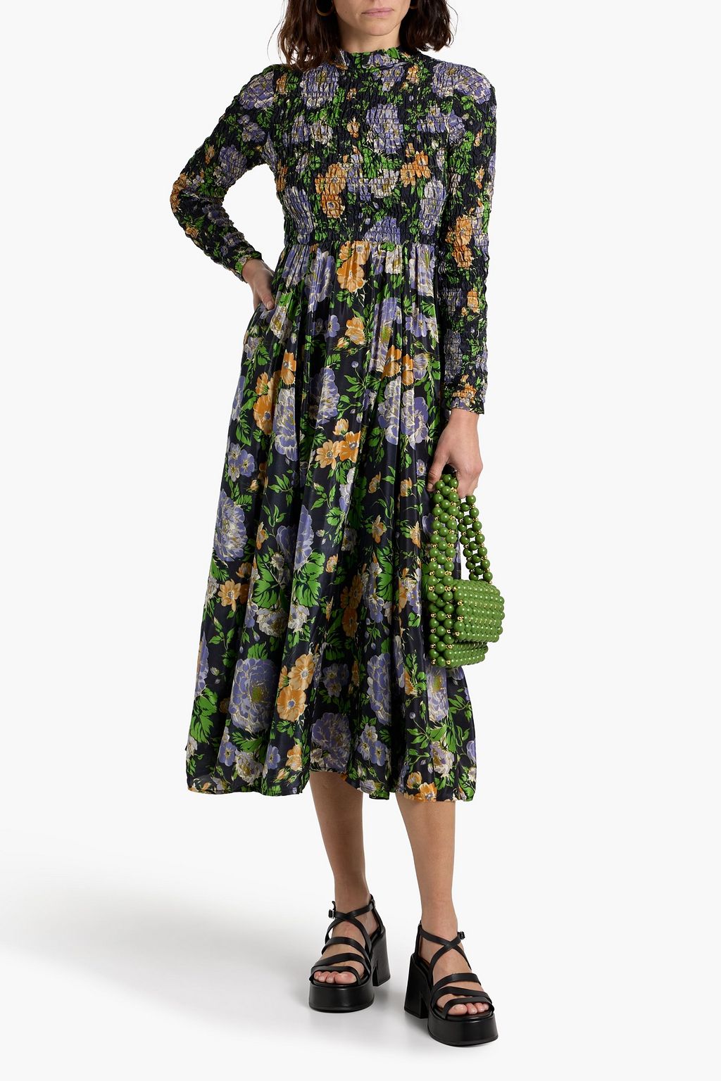 FARM RIO Shirred floral-print satin midi dress