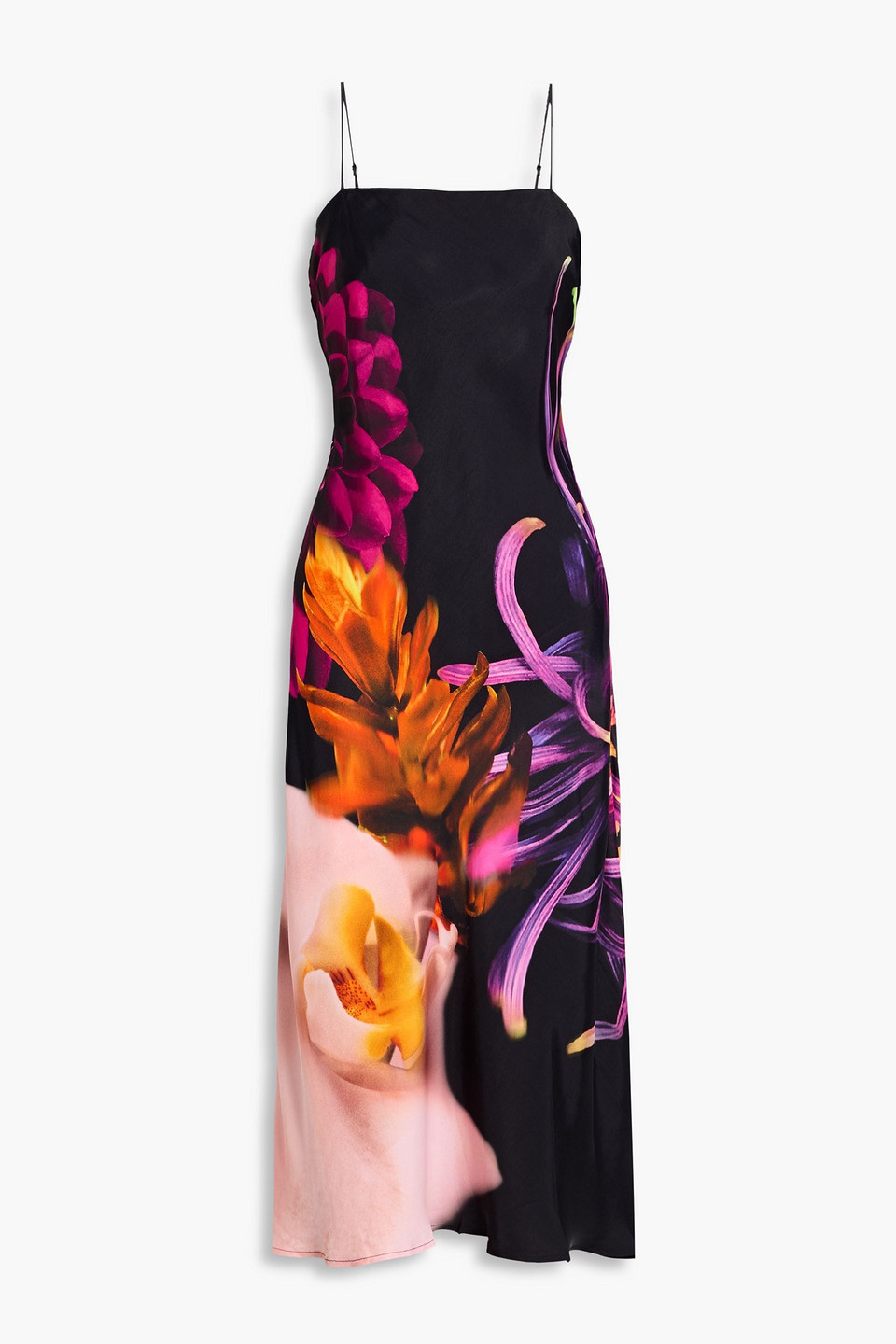 Farm Rio Floral-print Satin Midi Slip Dress In Black