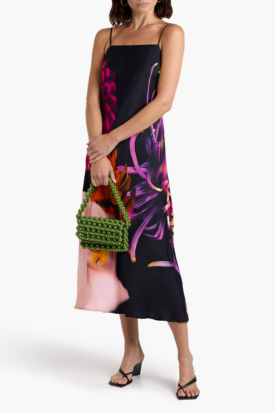 black floral midi slip dress Liz Floral Petal Long Slip Dress