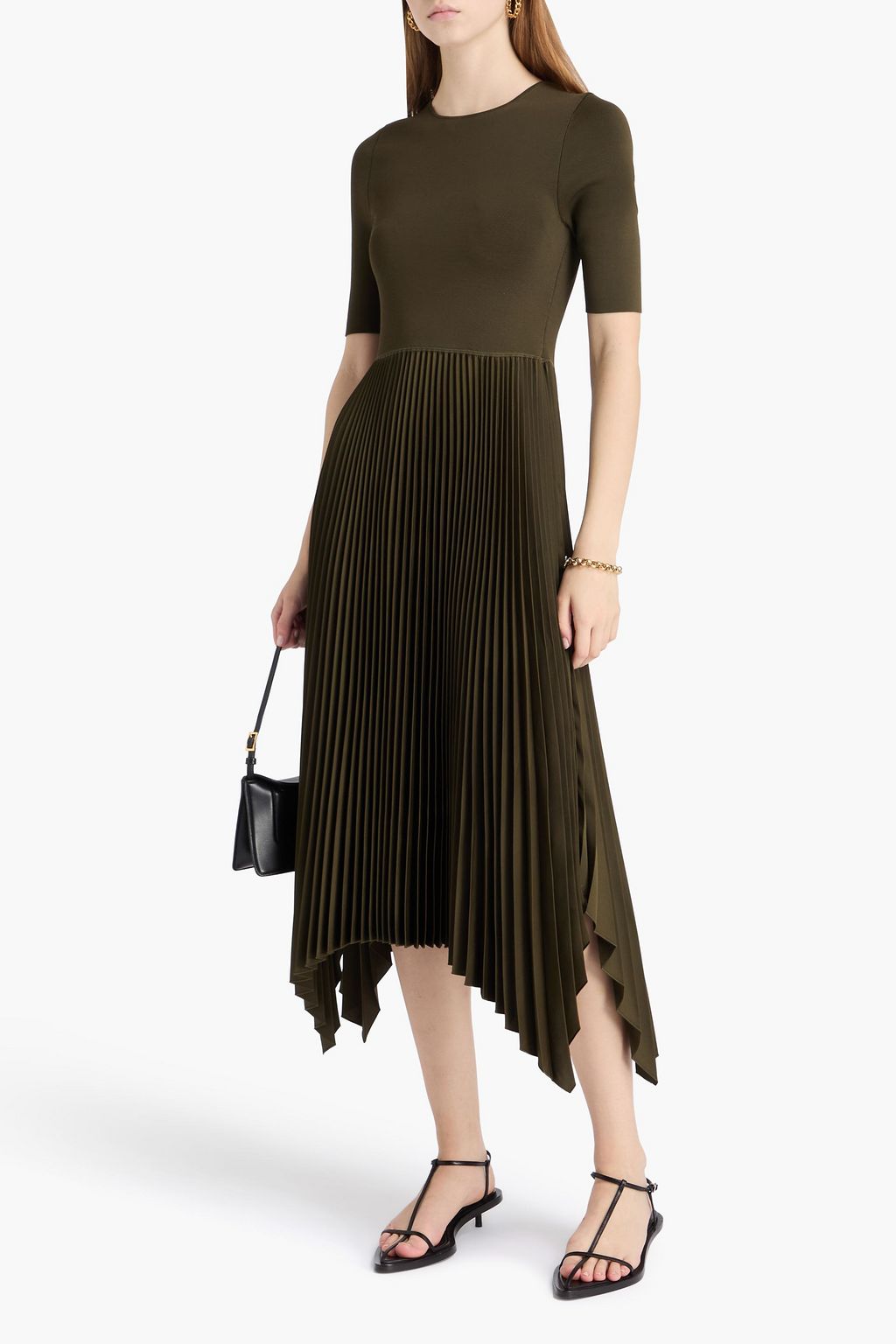 JOSEPH Darno pleated satin-crepe and knitted midi dress