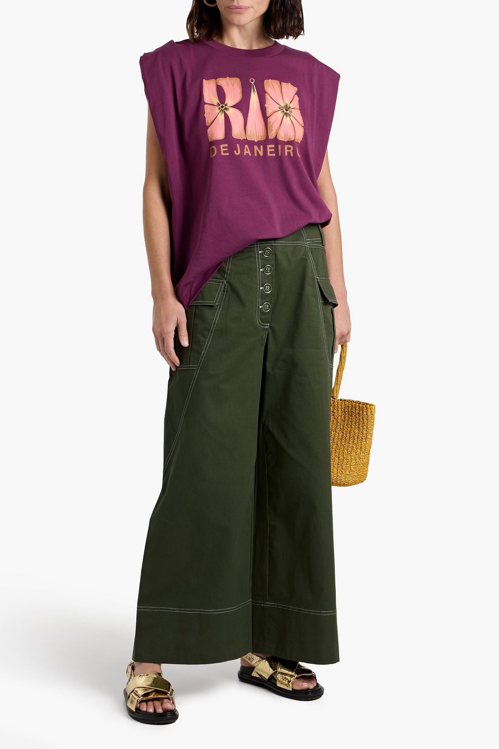 FARM RIO Printed cotton-jersey top
