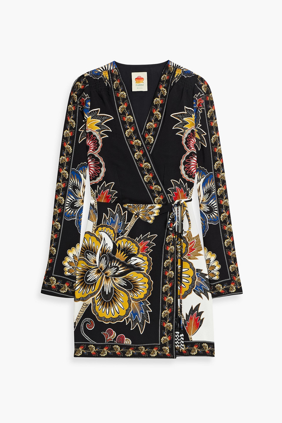 Farm Rio Black Maxi Floral Lenzing Ecovero Viscose Wrap Mini Dress In Black