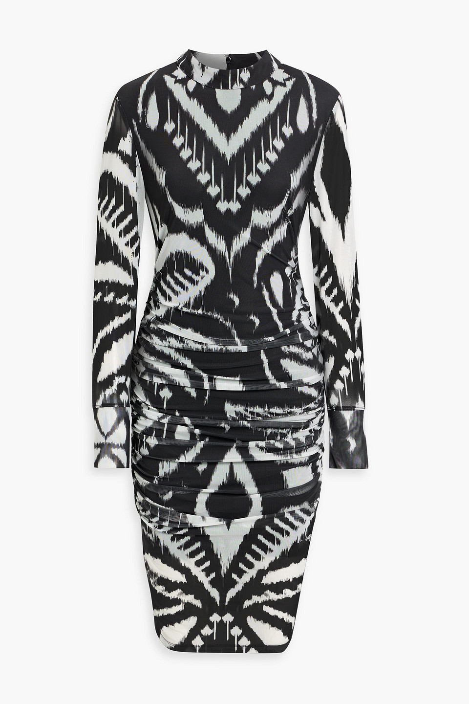 farm rio - ruched printed stretch-tulle midi dress - black - xxs