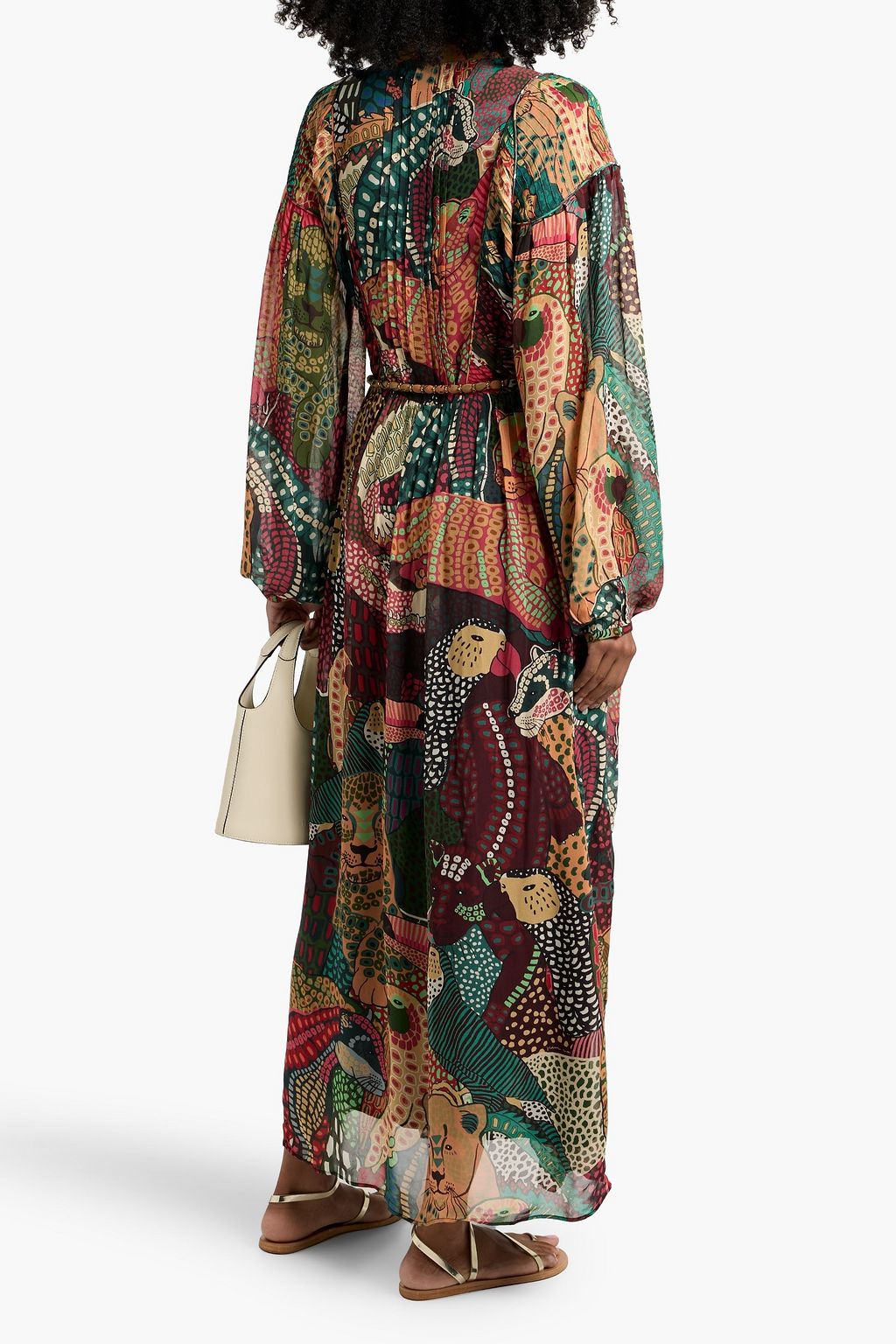 FARM RIO Belted printed crepe de chine maxi dress