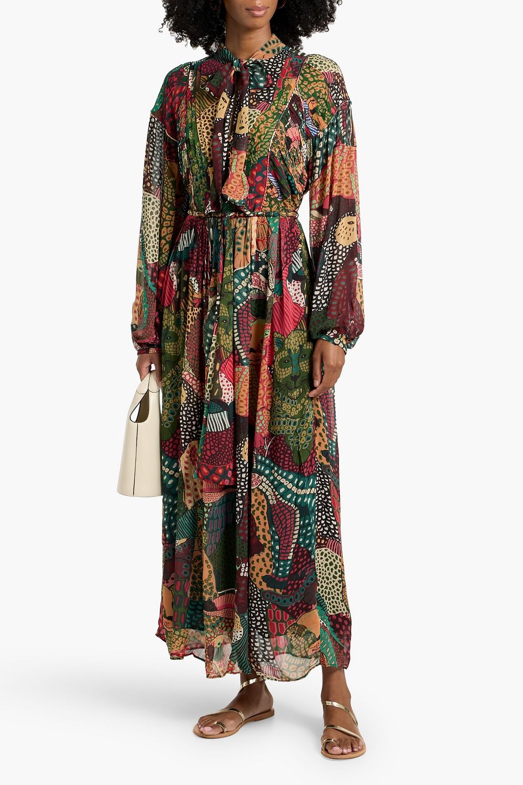FARM RIO Belted printed crepe de chine maxi dress
