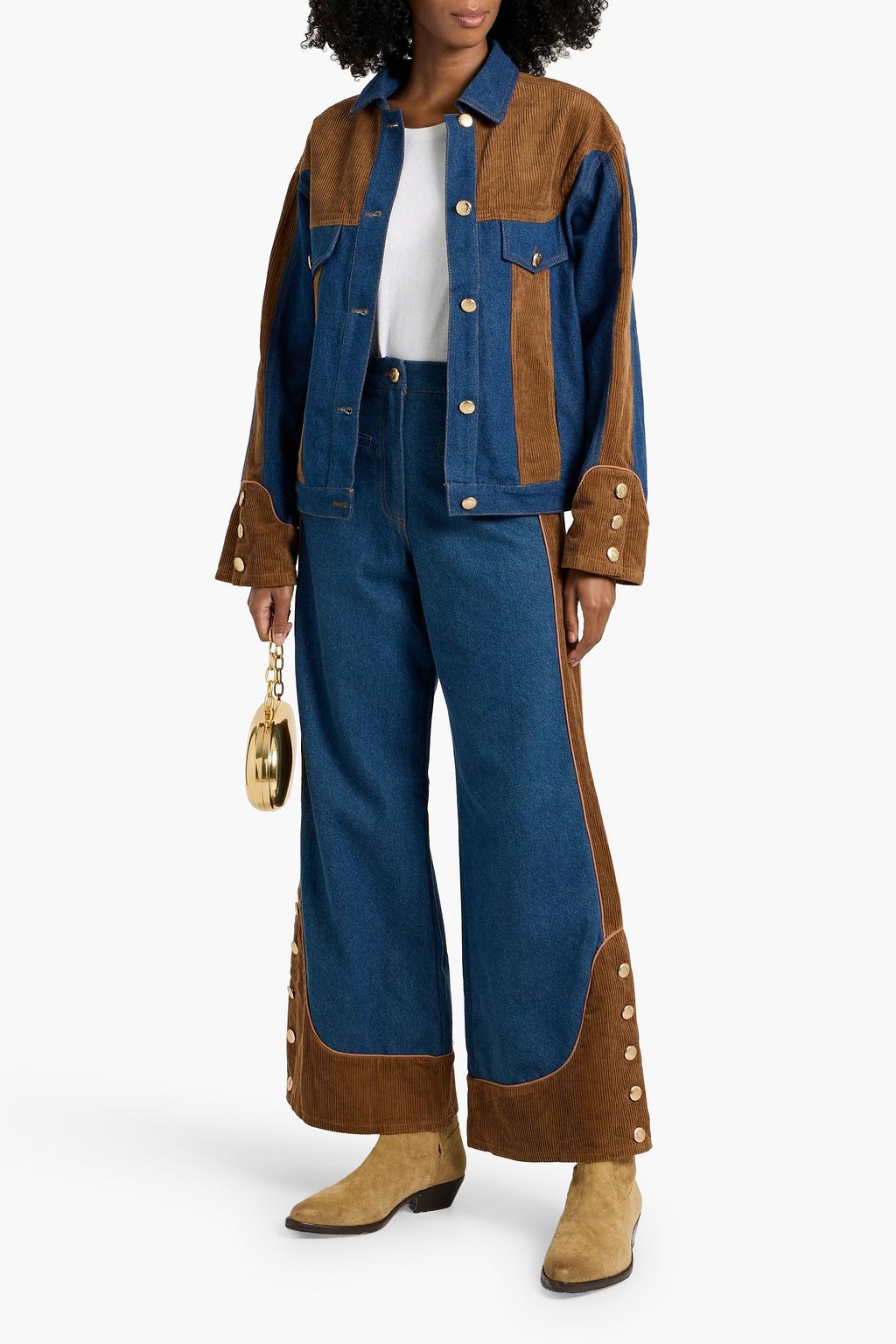 FARM RIO Corduroy-paneled high-rise wide-leg jeans