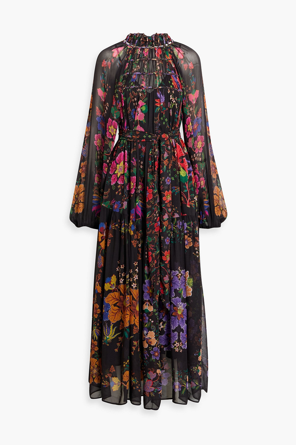 Farm Rio Belted Floral-print Crepe De Chine Maxi Dress In Black