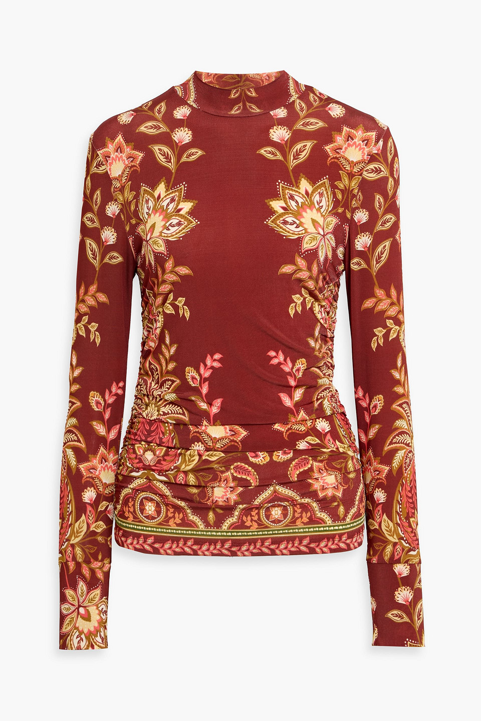Farm Rio Ruched Printed Stretch-jersey Top In Brown