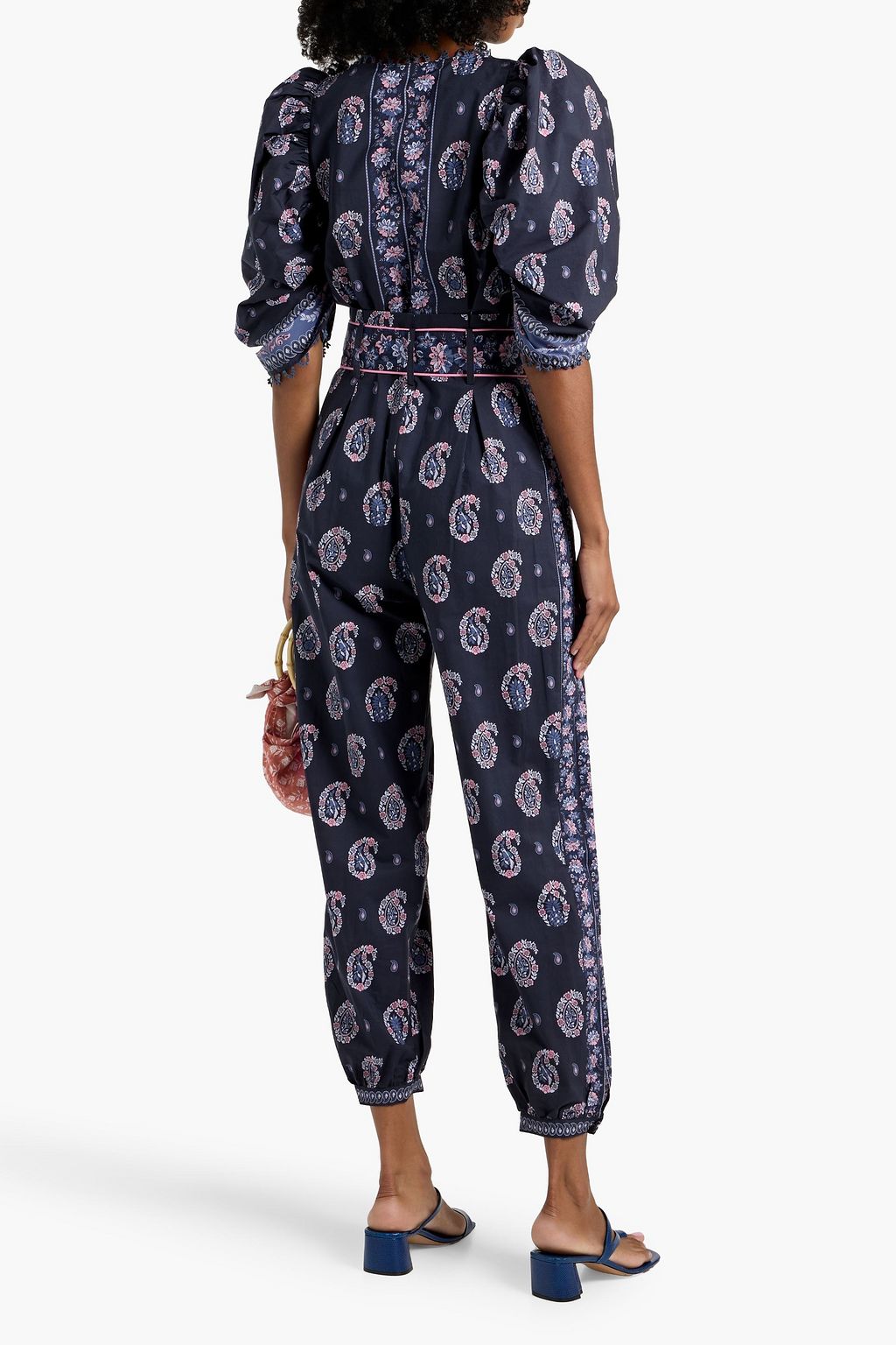 FARM RIO Crochet-trimmed printed cotton-poplin jumpsuit