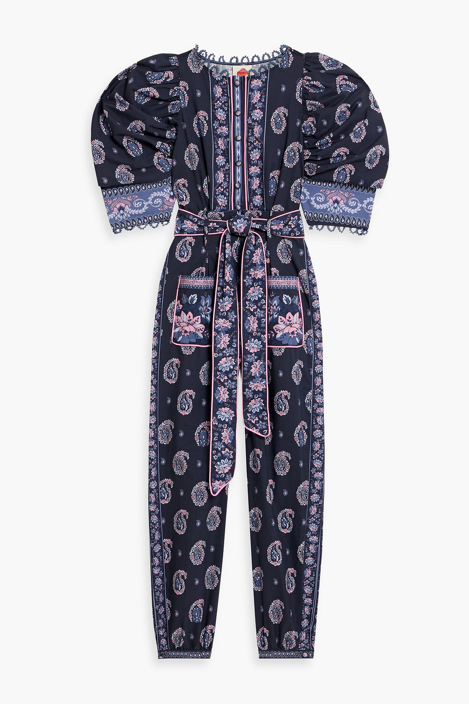 Farm Rio Crochet-trimmed Printed Cotton-poplin Jumpsuit In Blue