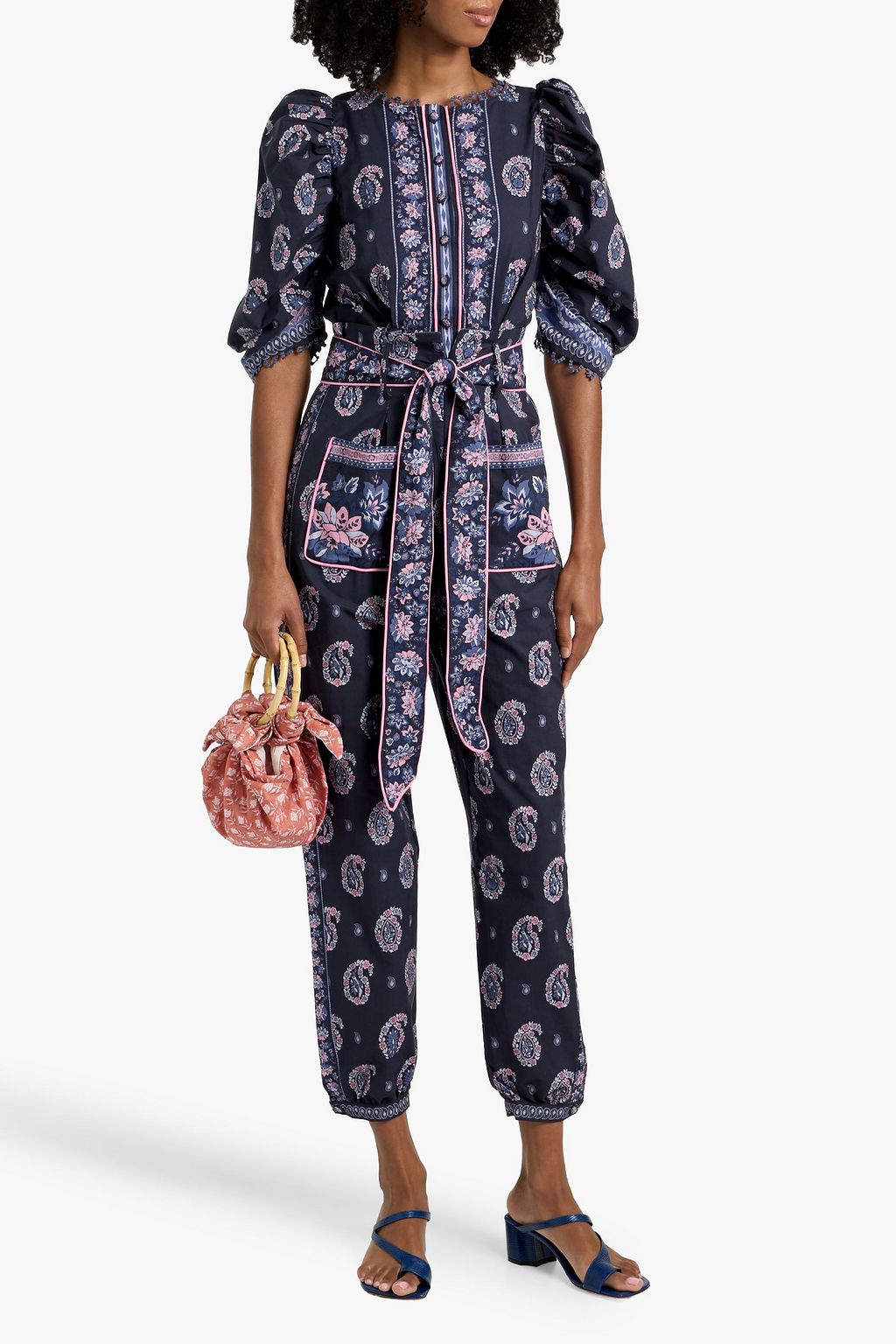 FARM RIO Crochet-trimmed printed cotton-poplin jumpsuit