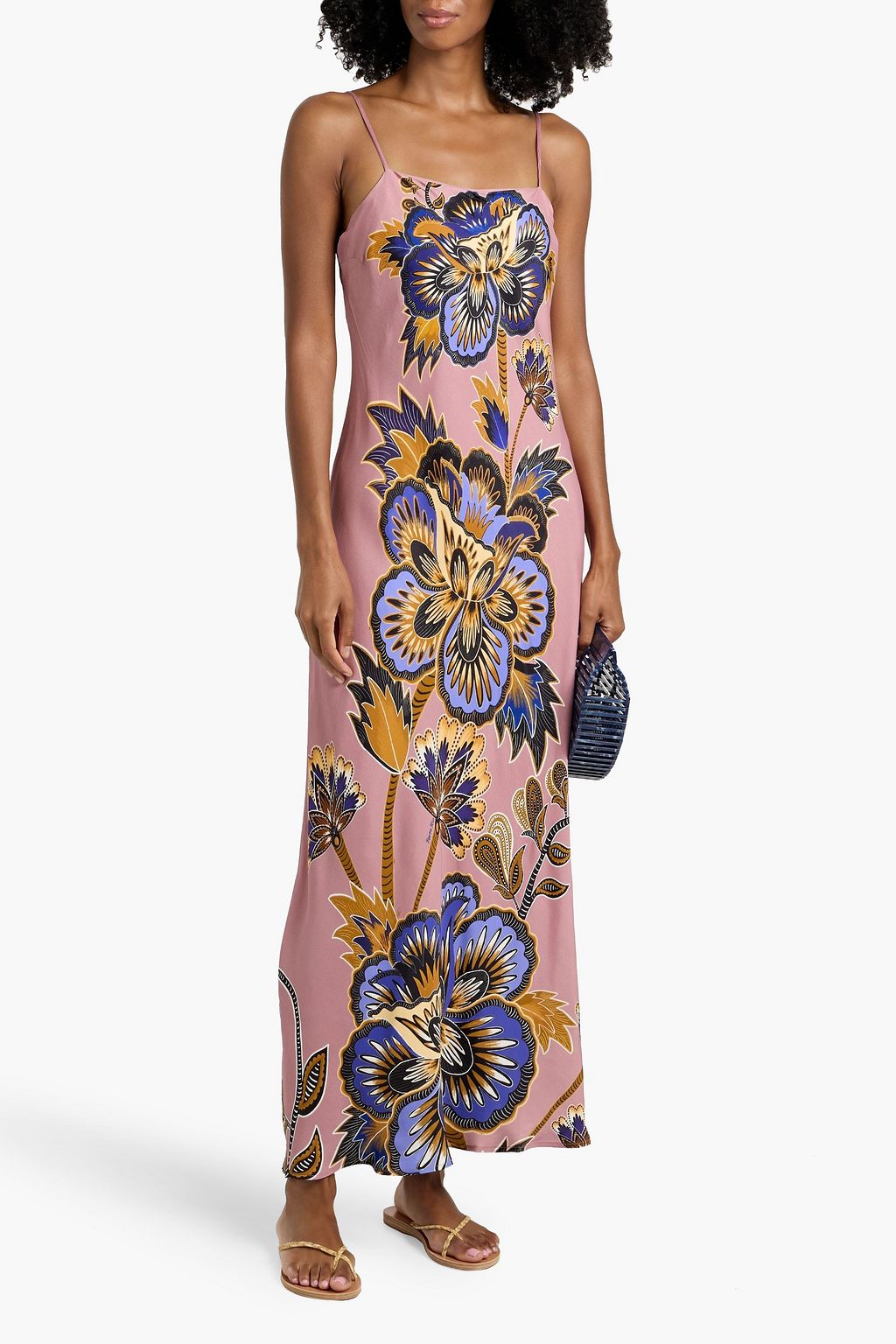 FARM RIO Floral-print satin maxi slip dress