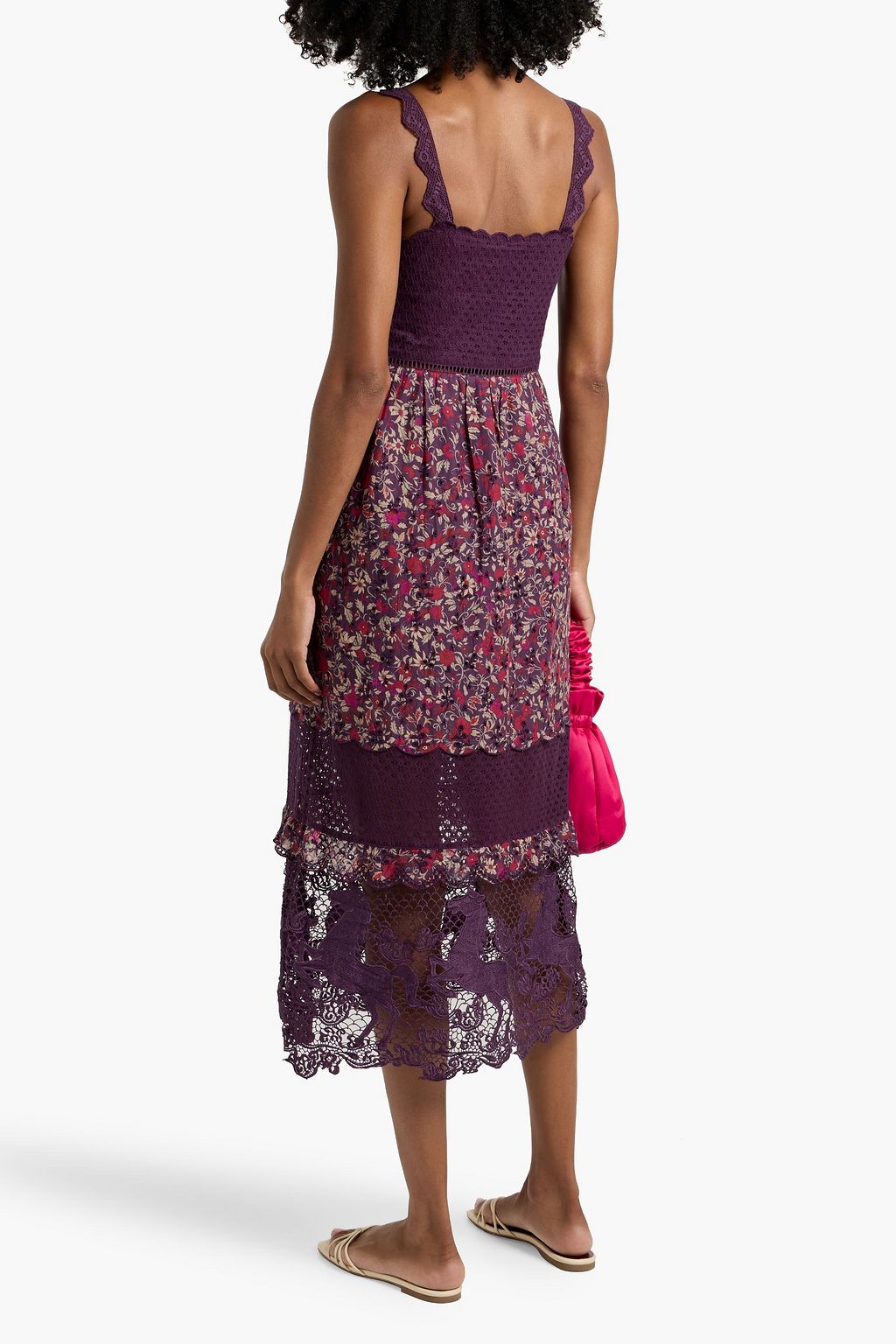 FARM RIO Lace-paneled floral-print broderie anglaise cotton midi dress