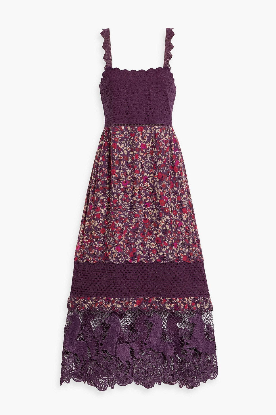 Farm Rio Purple Chelsea Garden Embroidered Lace Midi Dress In Purple
