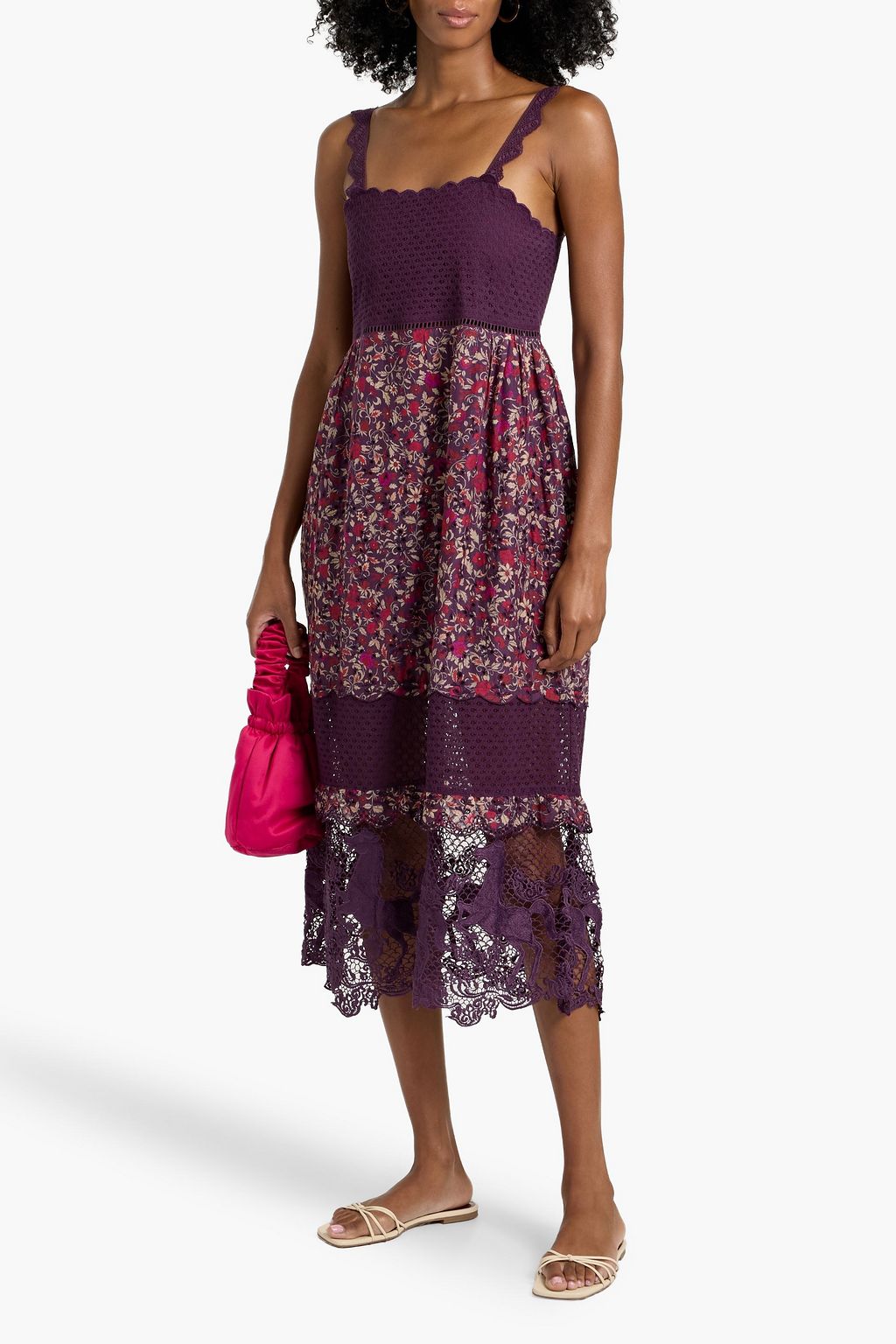 FARM RIO Lace-paneled floral-print broderie anglaise cotton midi dress