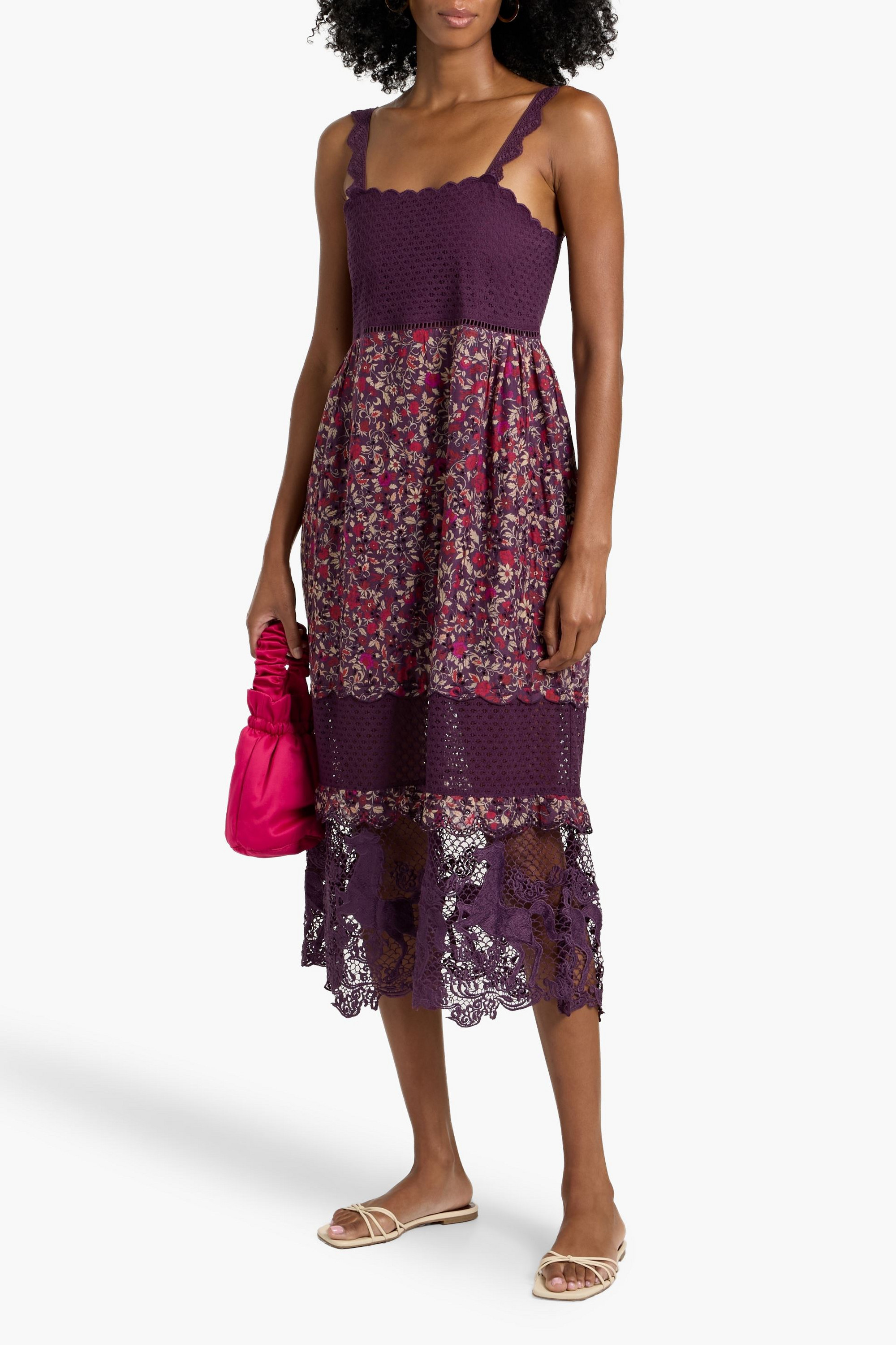 FARM Rio Lace-paneled floral-print broderie anglaise cotton midi dress