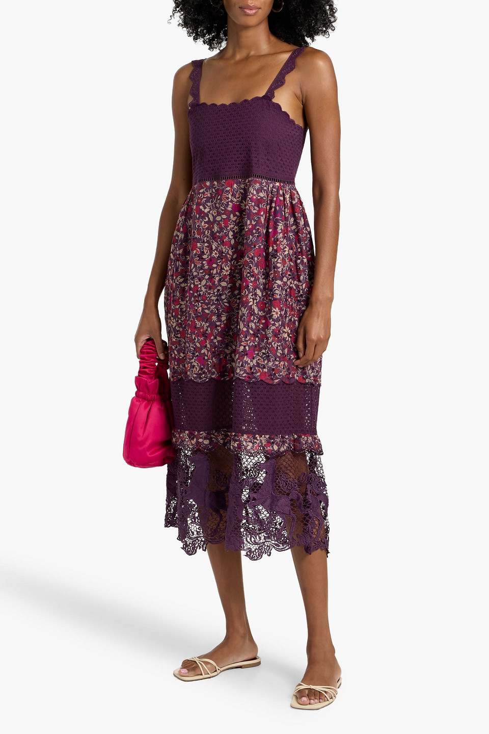 Farm Rio Purple Chelsea Garden Embroidered Lace Midi Dress In Purple