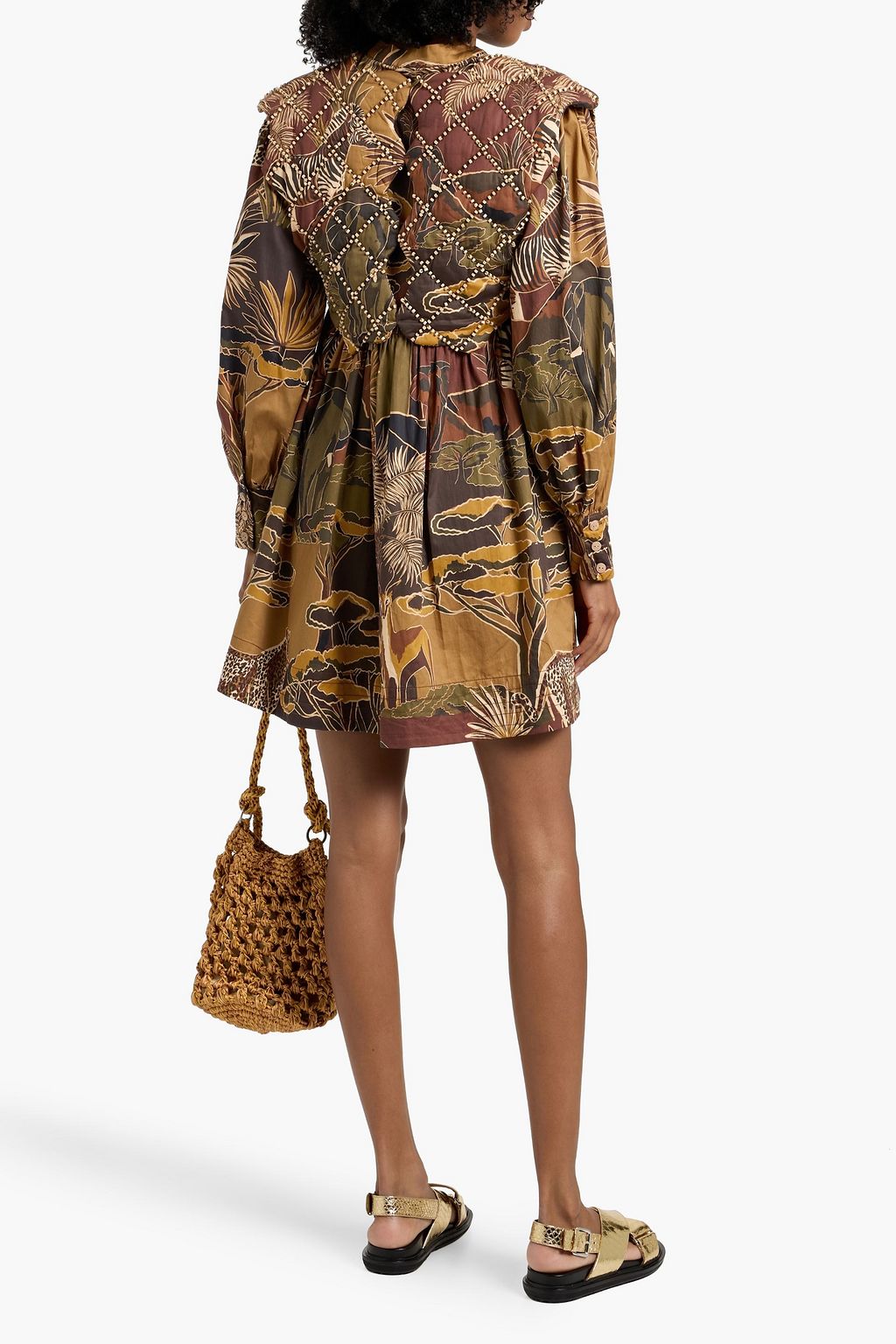 FARM RIO Bead-embellished printed cotton-poplin mini dress
