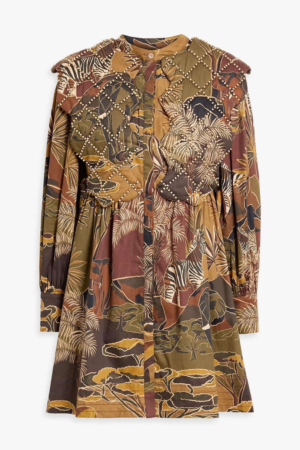 Farm Rio Bead-embellished Printed Cotton-poplin Mini Dress In Multi