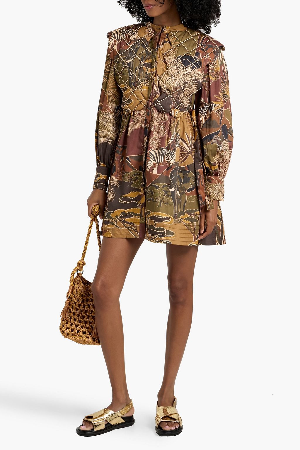FARM RIO Bead-embellished printed cotton-poplin mini dress