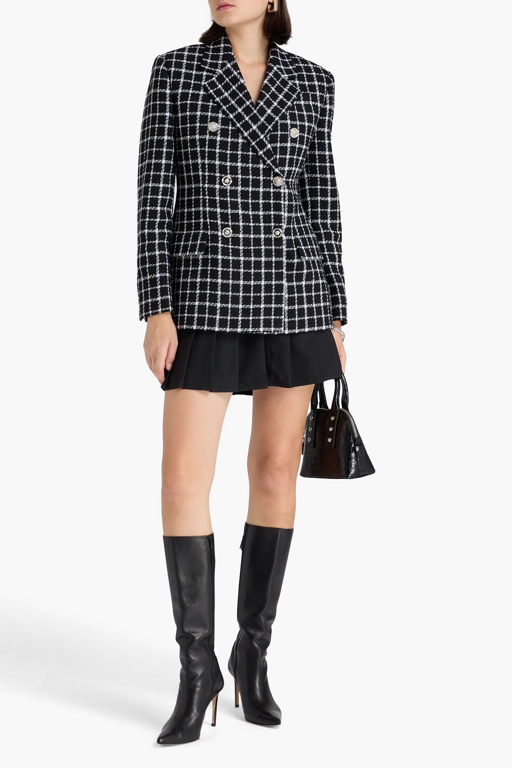 VERSACE Double-breasted checked wool-blend tweed blazer