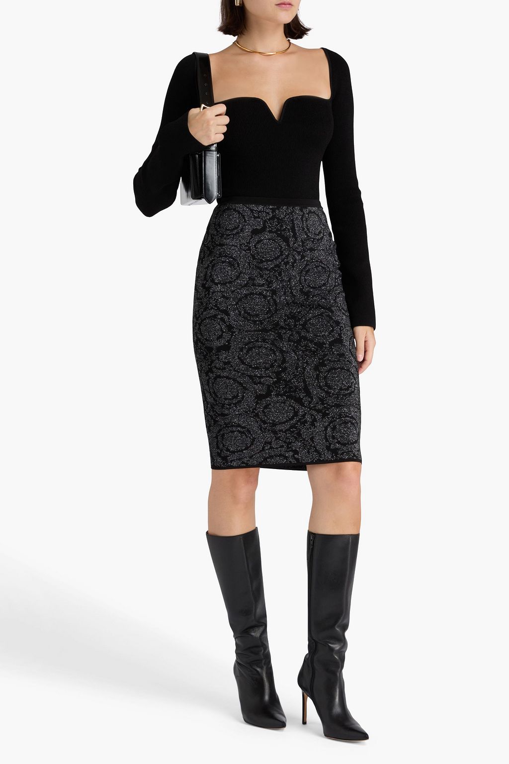 VERSACE Metallic jacquard-knit pencil skirt
