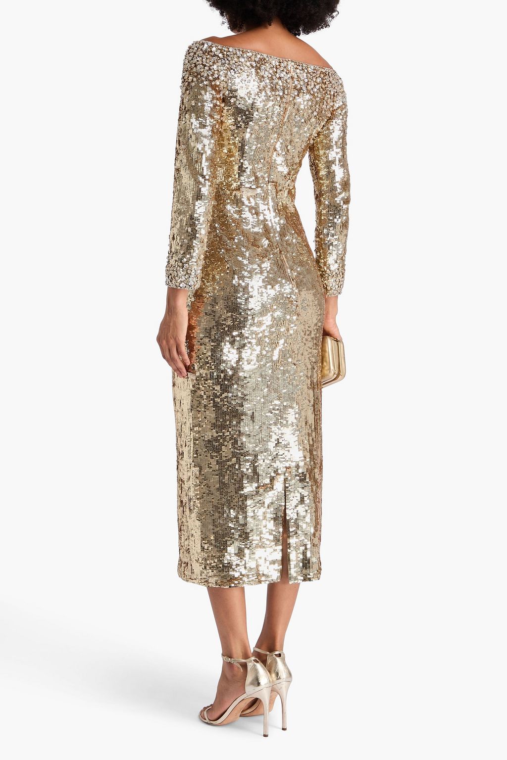 JENNY PACKHAM Ballroom Blitz off-the-shoulder crystal-embellished sequined satin gown