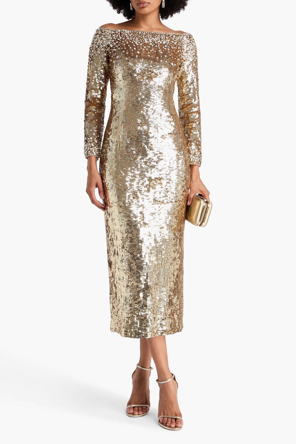 JENNY PACKHAM Ballroom Blitz off-the-shoulder crystal-embellished sequined satin gown