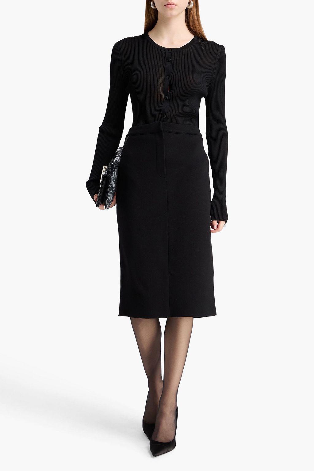 TOM FORD Leather-trimmed wool-blend pencil skirt