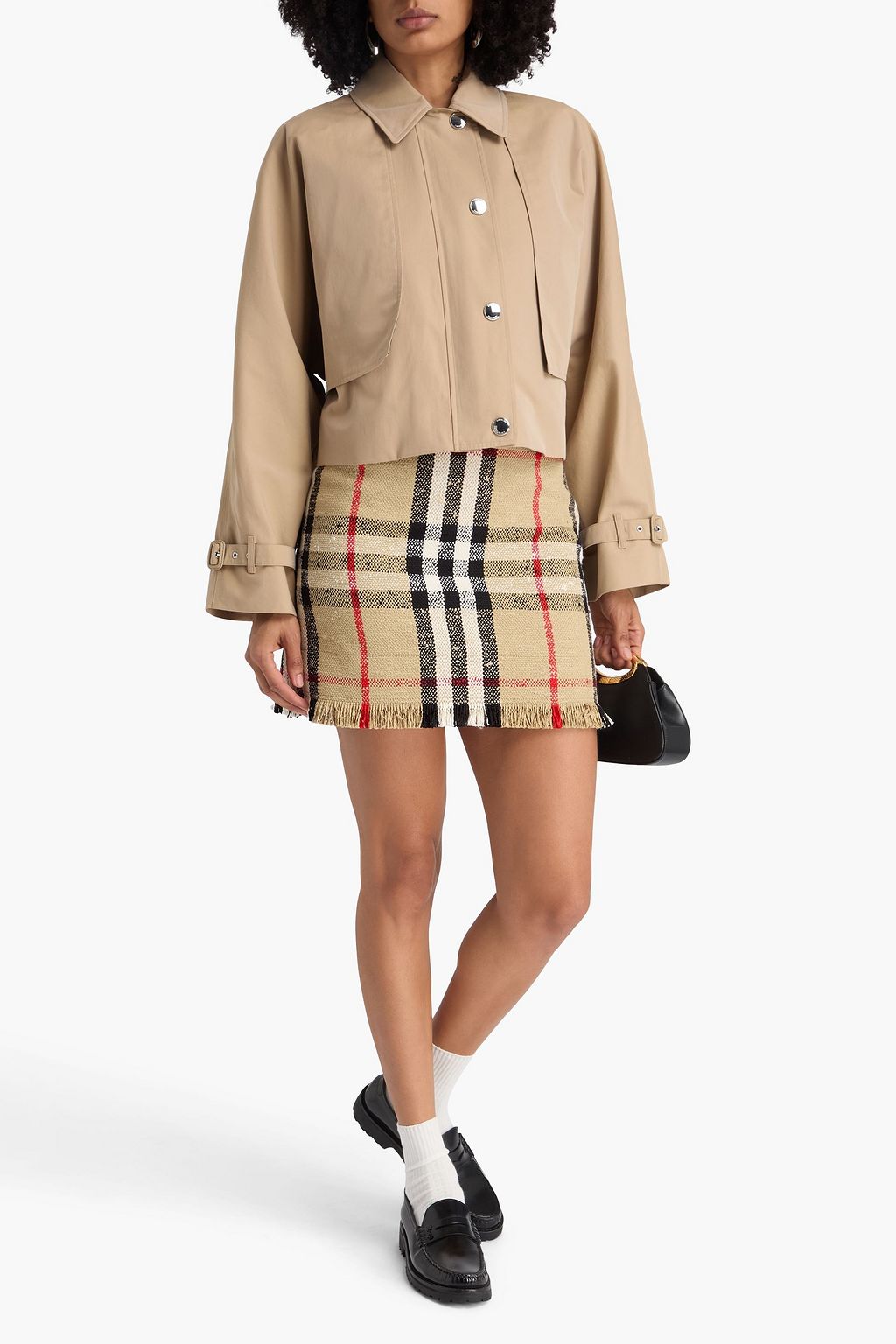 BURBERRY Fringed checked cotton-blend tweed mini skirt