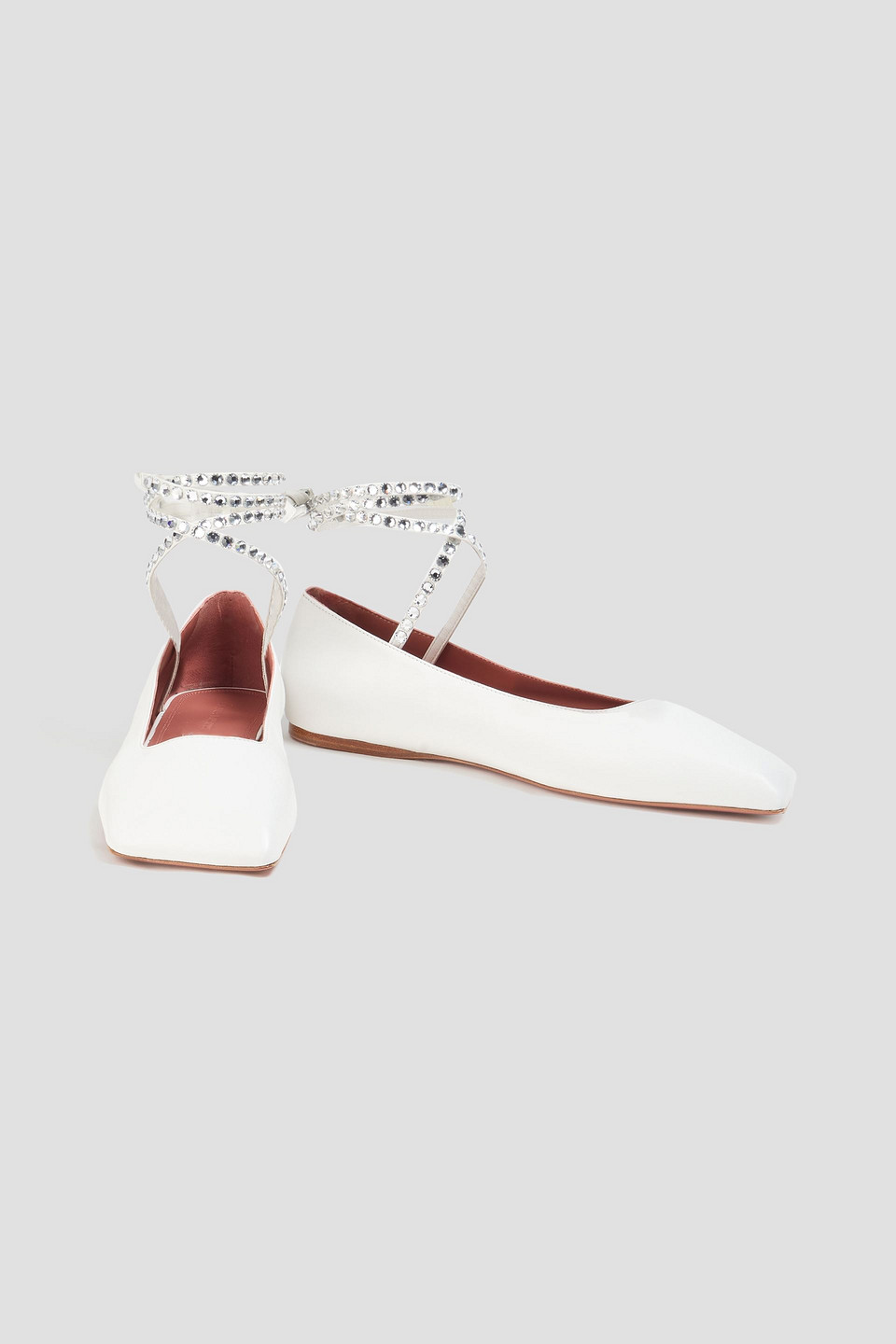 Amina Muaddi Ane Embellished Leather Ankle-wrap Ballerina Flats In White