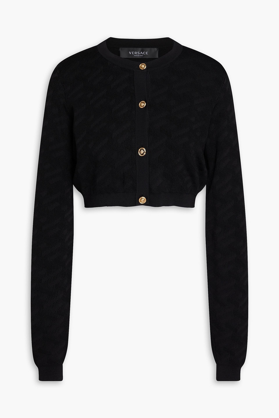 Versace Cropped Jacquard-knit Cardigan In Black