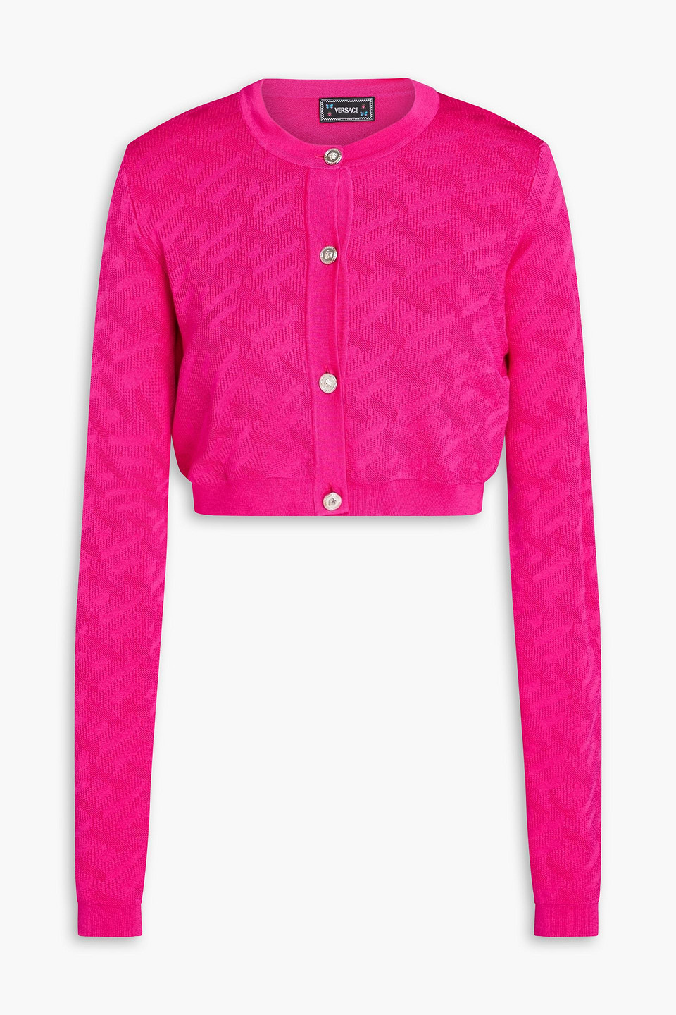 Versace Cropped Jacquard-knit Cardigan In Pink
