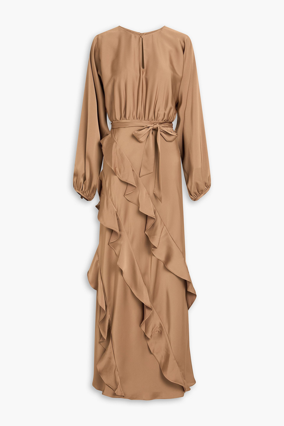 Mikael Aghal Ruffled Satin Maxi Dress In Brown