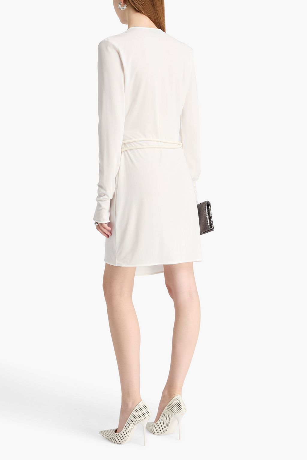 TOM FORD Leather-trimmed crepe mini wrap dress