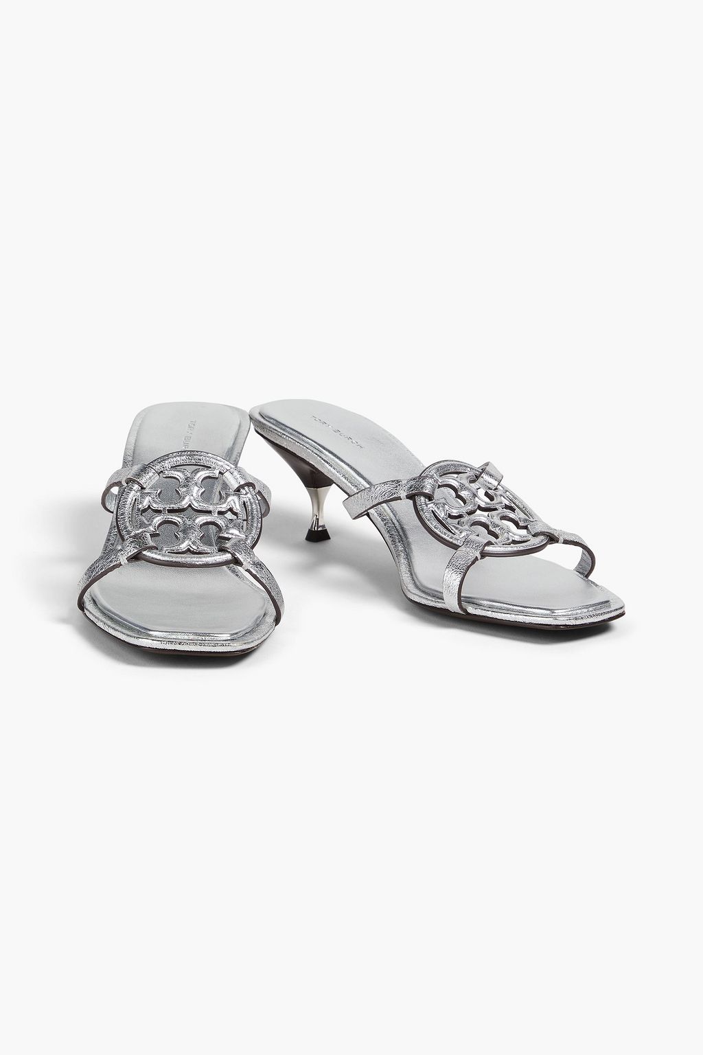 TORY BURCH Geo Bombe Miller metallic embellished leather mules