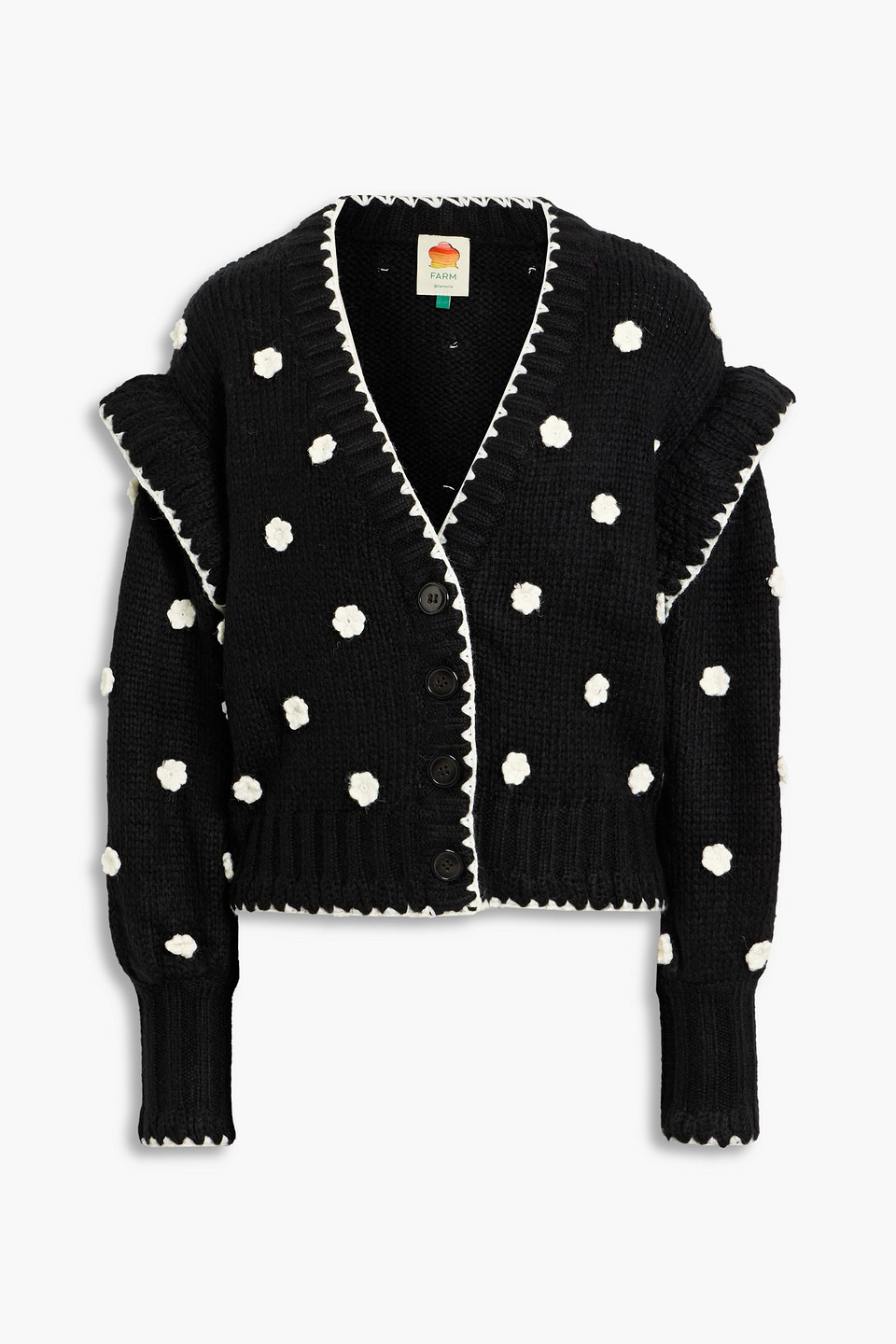 Farm Rio Floral-appliquéd Ribbed-knit Cardigan In Black