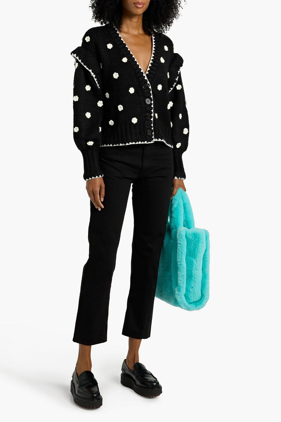 Farm Rio Floral-appliquéd Ribbed-knit Cardigan In Black