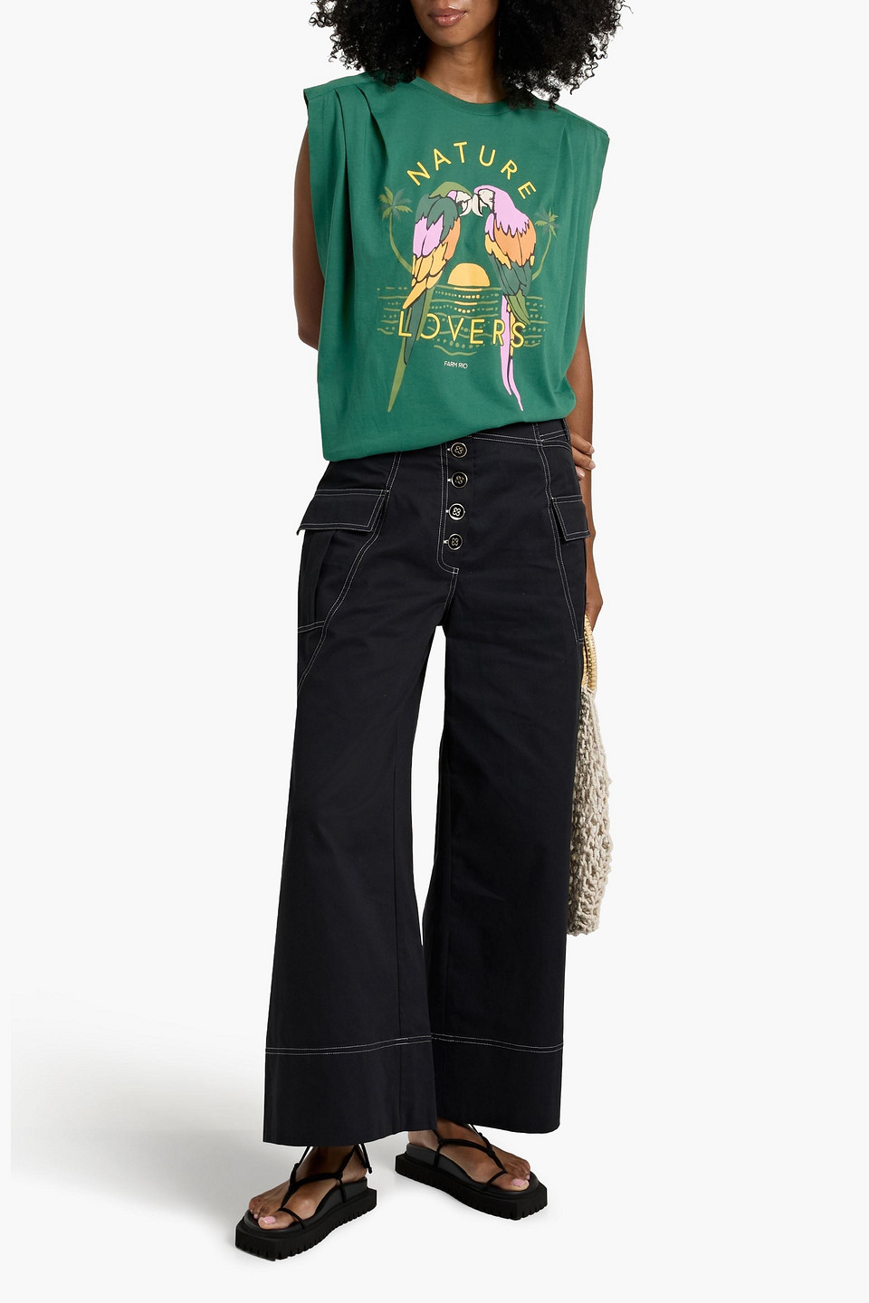 Farm Rio Printed Cotton-jersey Top In Green