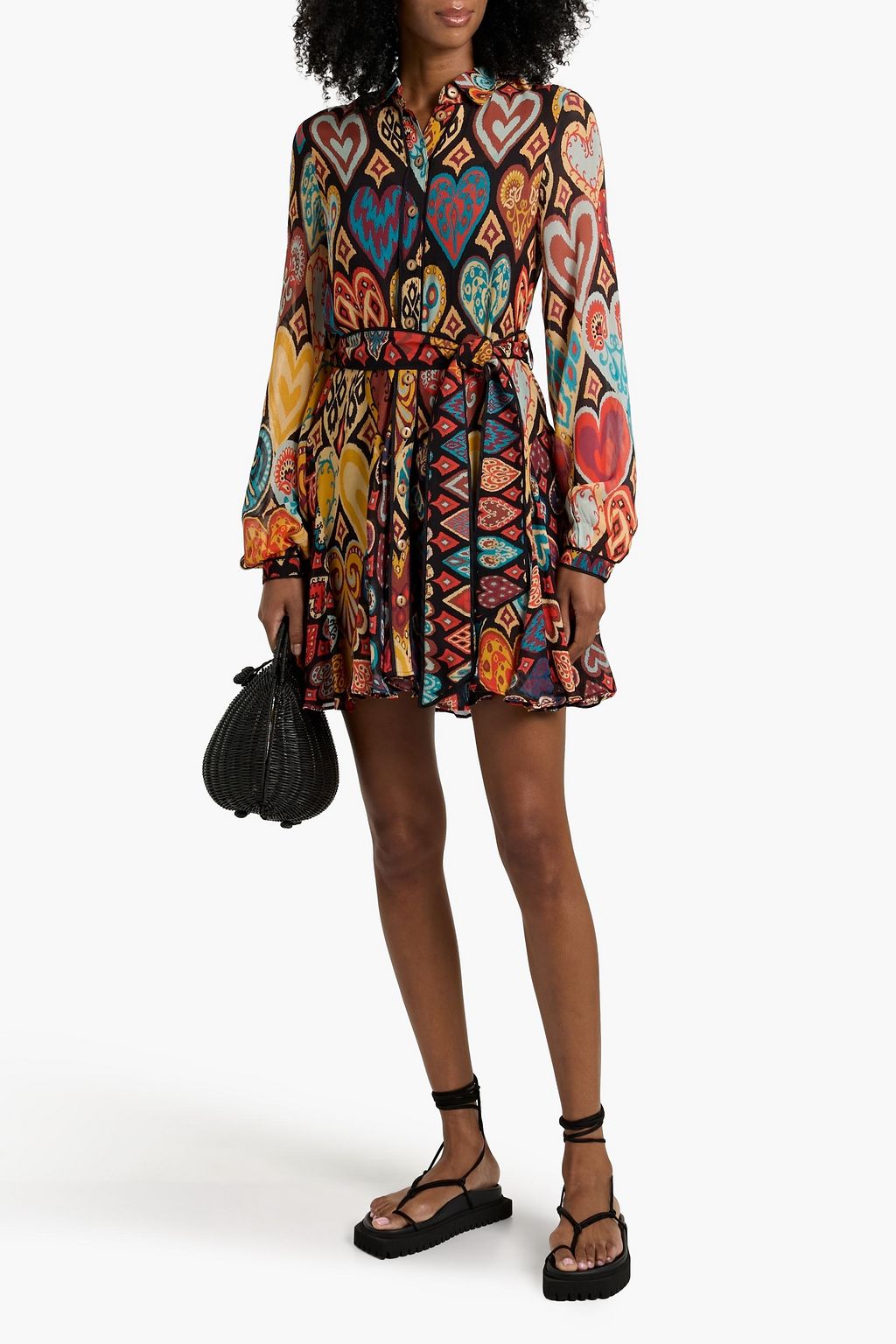 FARM RIO Printed crepe de chine mini shirt dress