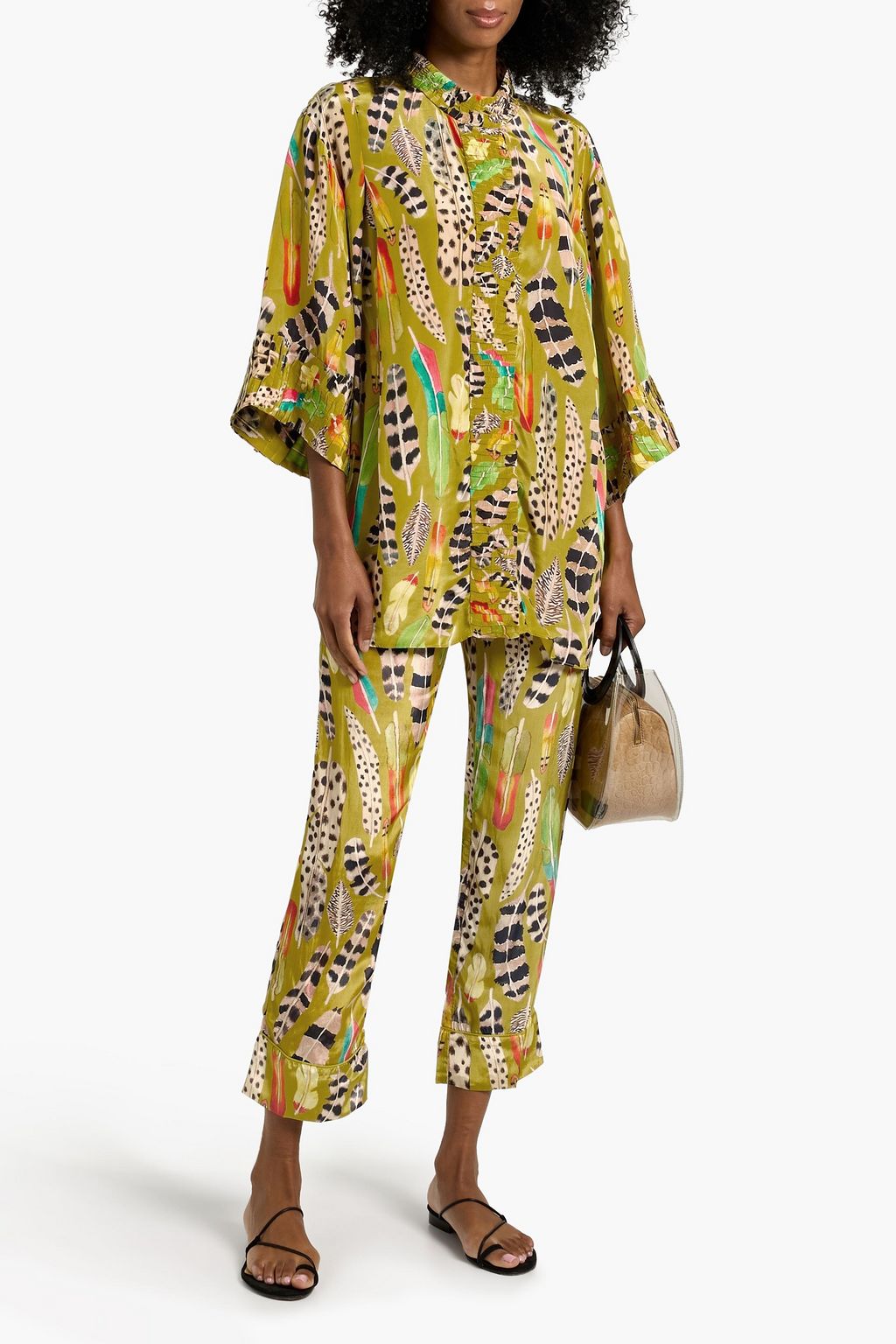 FARM RIO Cropped printed satin straight-leg pants