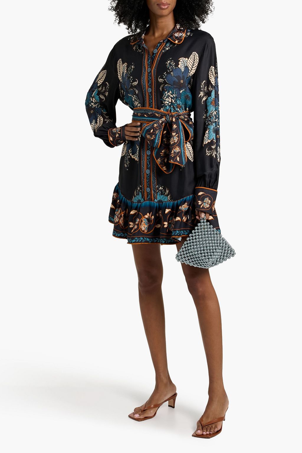 FARM RIO Printed crepe de chine mini shirt dress