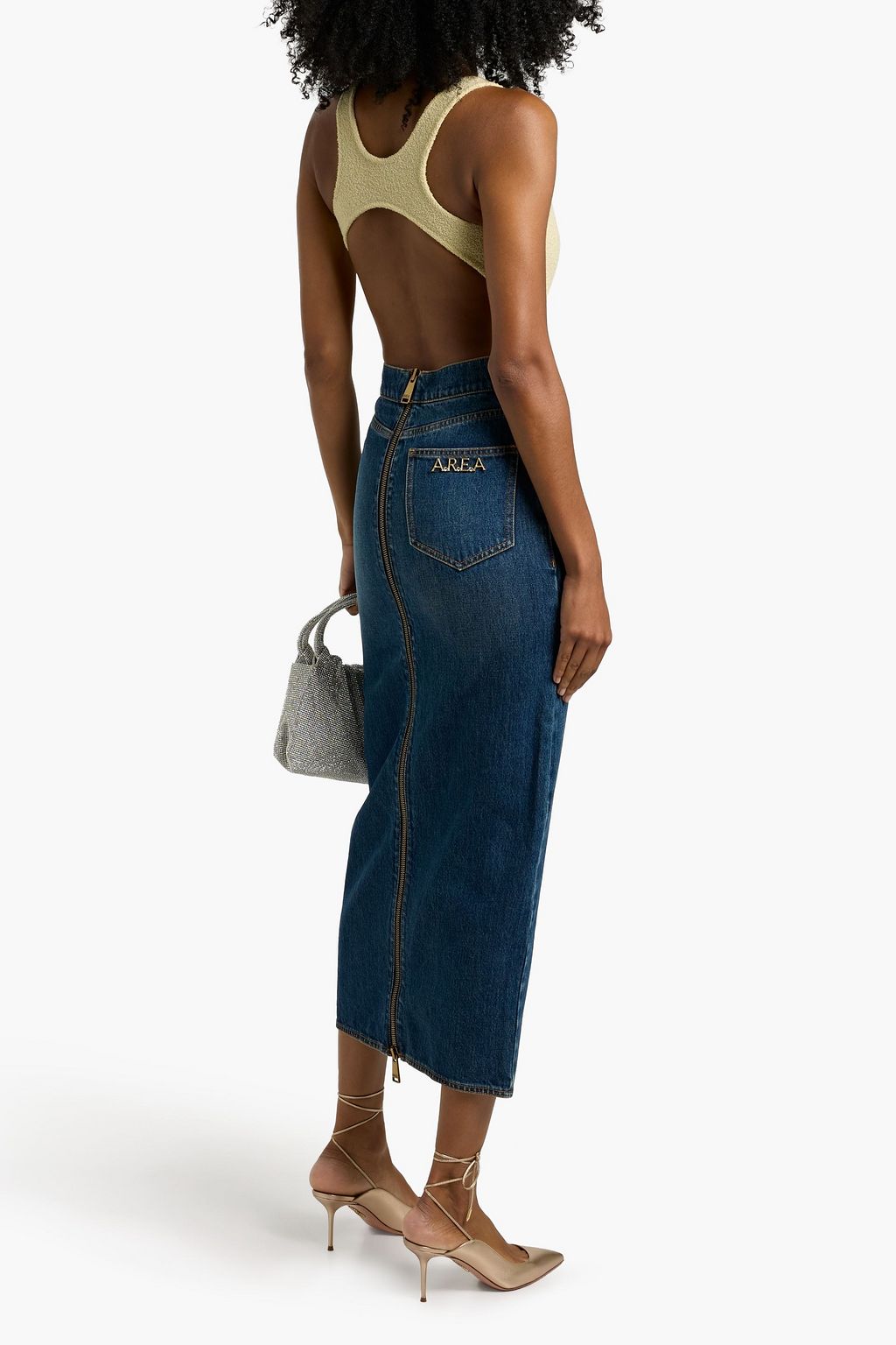 AREA Embellished denim midi skirt